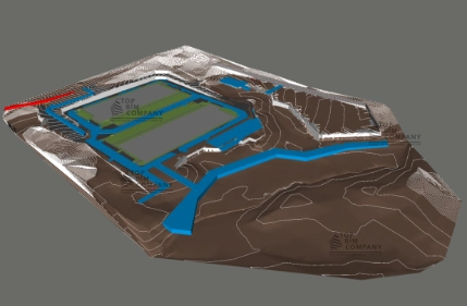 3D BIM model of site topography and underground utility layout with retaining walls for Potomac Church Tech Center, Virginia commercial development.