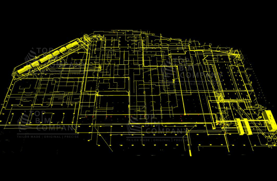 TopBIM Company BIM coordination model of WMATA Northern Bus Garage Replacement in Washington DC, showing navigational electrical and transignal safety layouts for system-wide integration.