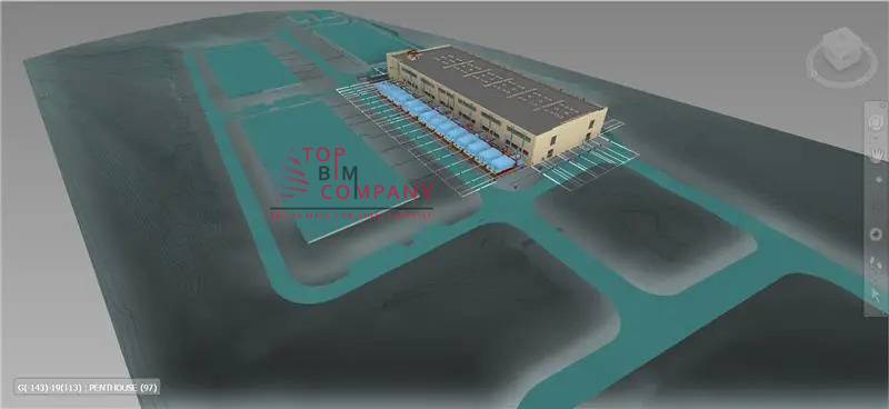 3D BIM site model with MEP utility coordination and BIM coordination for the Quail Ridge project by TopBIM Company, showcasing building layout, underground utilities, and site infrastructure planning.