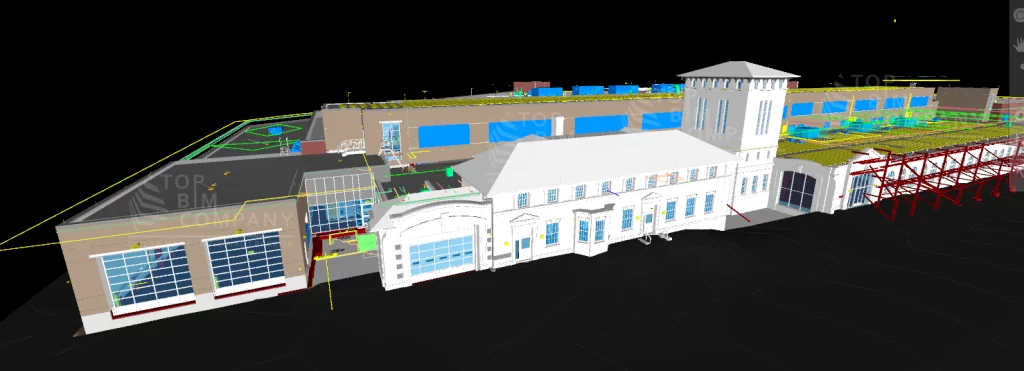 TopBIM Company 3D BIM coordination of WMATA Northern Bus Garage, integrating navigational layouts, transignal fire alarm, SCADA, and lightning protection systems for transit infrastructure