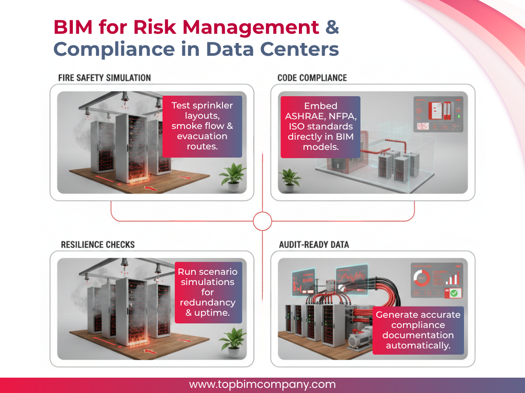 BIM for risk management and compliance in data centers ensuring safety, accuracy, and regulatory standards. By TopBIM Company.